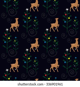 Christmas seamless pattern with deer and Christmas tree