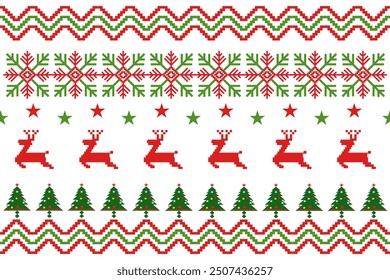 Christmas seamless pattern with deer and trees in a Nordic tribal design,perfect for festive decorations, vintage designs, and holiday-themed textiles,Traditional ethnic, geometric, ethnic,culture
