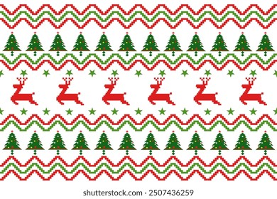 Christmas seamless pattern with deer and trees in a Nordic tribal design,perfect for festive decorations, vintage designs, and holiday-themed textiles,Traditional ethnic, geometric, ethnic,culture
