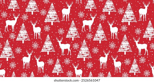 Christmas seamless pattern with deer and Christmas trees on a red background. Vector illustration for gift wrapping paper, fabric, clothes, textile, surface textures, scrapbook.