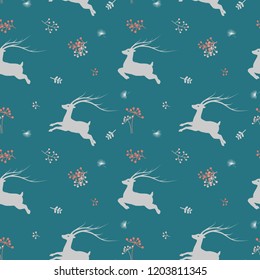 Christmas seamless pattern with deer and wildflower on pastel mood
