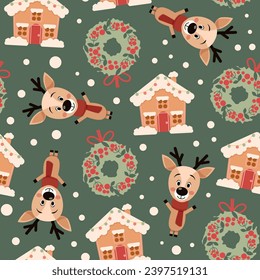 Christmas seamless pattern of deer, Christmas wreaths and gingerbread houses