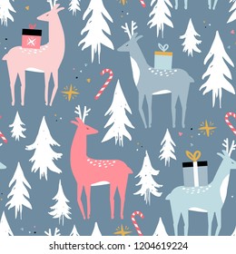 Christmas seamless pattern, deer with xmas pine tree doodle. Background for design and decoration textile, covers, package, wrapping paper.