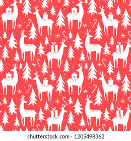 Christmas seamless pattern, deer with xmas pine tree doodle. Background for design and decoration textile, covers, package, wrapping paper.