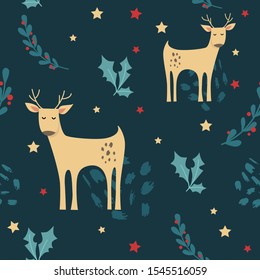 Christmas seamless pattern with deers on a blue background.