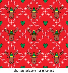 Christmas seamless pattern with deers on red background. Textile design, gift paper,  wallpap