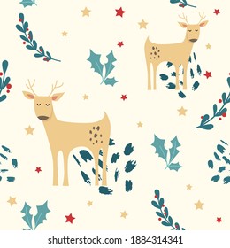 Christmas seamless pattern with deers on a light yellow background.	
Perfect for printing on fabric or paper.