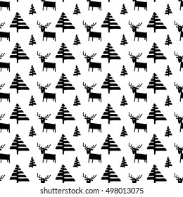 Christmas seamless pattern with deers and pine trees. Vector illustration with cute animals and minimalistic plants in doodle children's style. Winter design element for seasonal backgrounds, textile
