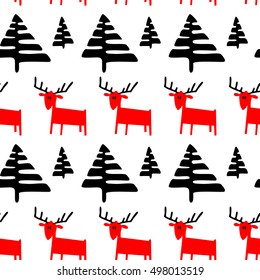Christmas seamless pattern with deers and pine trees. Vector illustration with cute animals and minimalistic plants in doodle children's style. Winter design element for seasonal backgrounds, textile