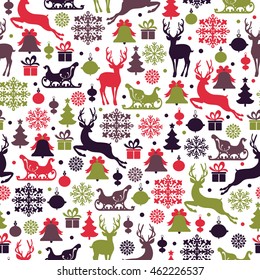 Christmas seamless pattern with deers, 
reindeer sleigh, christmas tree, snowflake and gifts 