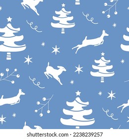 Weihnachten Nahtlose Muster mit Deers und Schneeflocke auf Blau. Winterurlaub Muster für Ihr Design. Konzept des Winterurlaubs. Vektorgrafik.