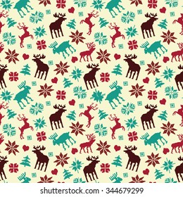Christmas seamless pattern with deers, snowflake and others elements. Pattern Swatches, vector, Endless texture can be used for wallpaper, pattern fills, web page,background,surface