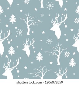 Christmas seamless pattern with deers, stars, snowflakes, trees