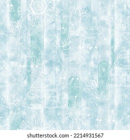 Christmas seamless pattern with deers, christmas tree, snowflakes on blue watercolor background.  Vector. Scandinavian winter theme. Perfect for design templates, wallpaper, wrapping, fabric.