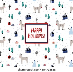 Christmas seamless pattern with deers, trees, gift boxes and other elements. 