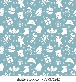 Christmas seamless pattern. Design with ball, sock, snowman, gift, star, snowflakes, bell, hat, glove, candy cane, advent wreath and cookie. White objects on blue background. Vector Illustration. 