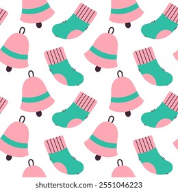 Natal design de padrão sem costura com sino e meias para papel de parede, tecido, notebook, cartão de saudação, papel de embrulho