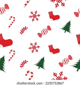 Christmas seamless pattern design with candy, snow flake, tree, leave, Santa Shoes, stars, balls with White background