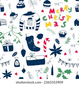 Christmas Seamless Pattern Design with Doodle Elements and Hand Drawn Lettering Vector Template. Winter Holiday Celebration Object