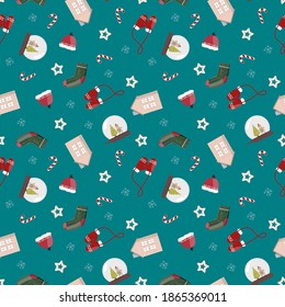 
Weihnachten nahtlose Muster für Design von Stoff, Karten, Packpapier, Kissen, Tischdecken. Doodle-Druck mit Lebkuchen, Socken, Hut, Karamelll.