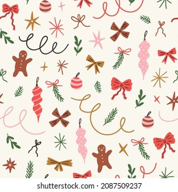 Christmas seamless pattern design. New Year decorations, bows and gingerbread in hand-drawn style. Xmas repeat background for fabrics or wrapping paper.