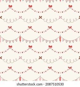 Christmas seamless pattern design. New Year decorations, bows and garlands in hand-drawn style. Xmas repeat background for fabrics or wrapping paper.