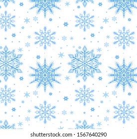  Christmas seamless pattern for design packaging paper, printing, postcard, textiles. The pattern with the image of snows, snowflakes isolated on whire background