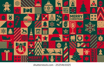Christmas seamless pattern. Design of a postcard for the New Year holidays. Santa hat, gifts, snowman, snowflakes, ornaments and Christmas trees. Vector illustration