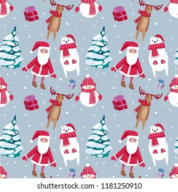 Christmas seamless pattern design with snowman, Santa, deers and Christmas trees. Vector illustration