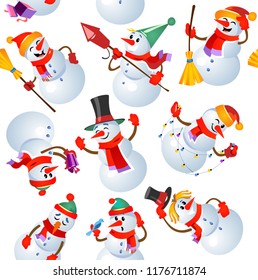 Christmas seamless pattern design with snowmans. Vector illustration 