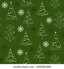 Christmas seamless pattern design with tree outlines. Vector illustration.