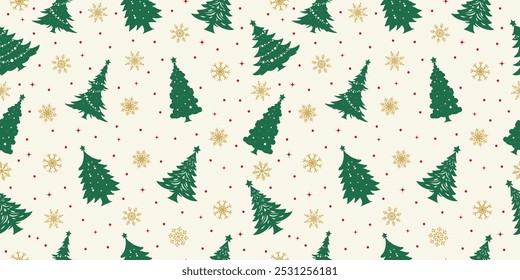 Christmas seamless pattern design, Christmas tree and snowflake. happy new year, winter holiday, snowfall. Green and gold color combination.