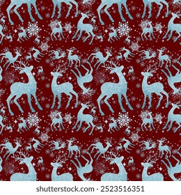 Christmas Seamless Pattern. Diamond deer on red background. Pattern for wrapping paper, greeting cards, invitations, fabric, prints.