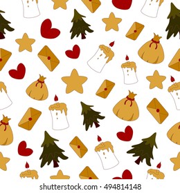 Christmas seamless pattern of different elements. Gift Packaging. Cartoon style.