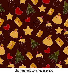 Christmas seamless pattern of different elements on a brown background. Gift Packaging. Cartoon style.