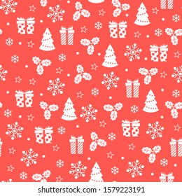 Christmas seamless pattern with different flat icons on red background. Vector illustration. For web design, wallpaper, wrapping paper, scrapbooking, for printing on clothes, textile, package, cups.