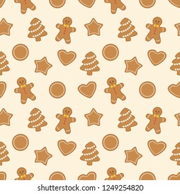 Christmas seamless pattern with different gingerbread cookies on light beige background. Vector flat illustration 