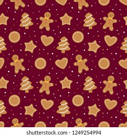 Christmas seamless pattern with different gingerbread cookies on dark red background. Vector illustration 