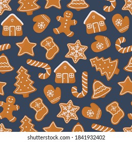 Christmas seamless pattern with different gingerbread cookies. Vector isolated illustration