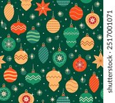 Christmas seamless pattern of different hanging vintage Christmas tree ornaments in red, gold and green colors for wrapping paper, packaging, fabric design.