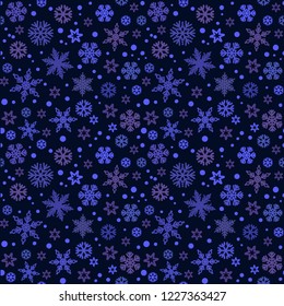 Christmas seamless pattern with different shades of dark blue snowflakes falling on night sky bakground. Christmas, New Year decoretion, wrapping paper design, Vector illustration.