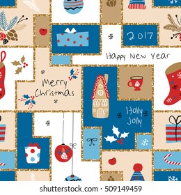 Christmas seamless pattern with different signs on Christmas and New Year: wreath, cake, gingerbread house, mittens, toys, gifts and socks. Background, backdrop, texture, textile 