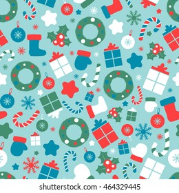 Christmas seamless pattern with different sizes snowflakes, tree ornaments, candies, presents. Traditional winter signs background. Vector illustration for cards, posters, fabric print, other design