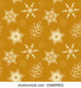 Christmas seamless pattern with different snowflakes on gold background