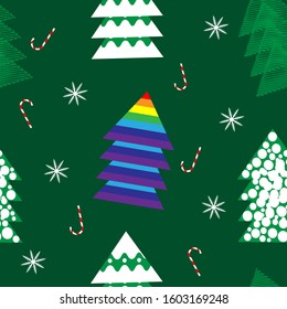 Christmas seamless pattern with different Christmas trees, candy canes and 
snowflake. Green background