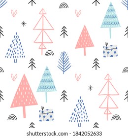 Christmas seamless pattern with different types of Christmas trees.