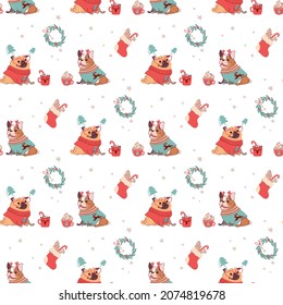 Christmas seamless pattern with dogs and festive hot drinks. Vector wallpaper in flat style.
