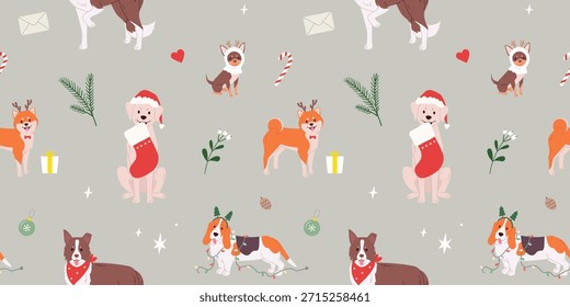 Navidades Patrón sin fisuras con los perros que llevan los accesorios de Festiva en estilo acogedor del invierno