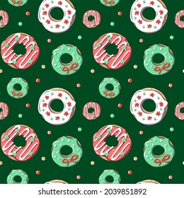 Patrón de Navidad sin fisuras con donuts sobre fondo verde. Comida festiva. Objetos vectoriales dulces y sabrosos para envolver y textiles