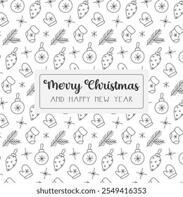 Natal padrão sem emenda. Desenhar decoração de contorno preto em branco. Design de férias de inverno para cartão de saudação, tampa, impressão, tecido. Ilustração vetorial.